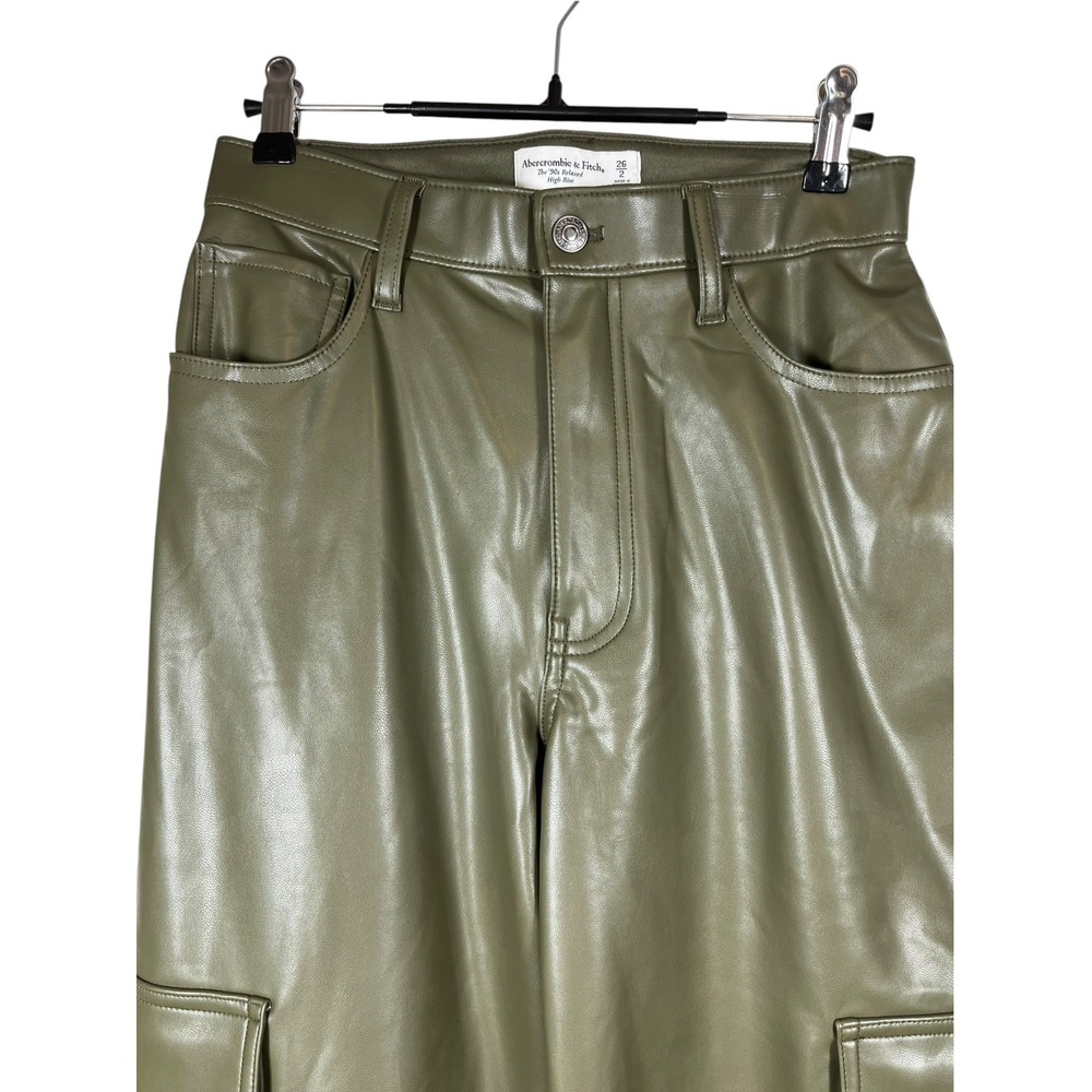 Abercrombie & Fitch Sz 2/26 Pants Olive Green Cargo Faux Leather 90s Relaxed - Picture 2 of 12